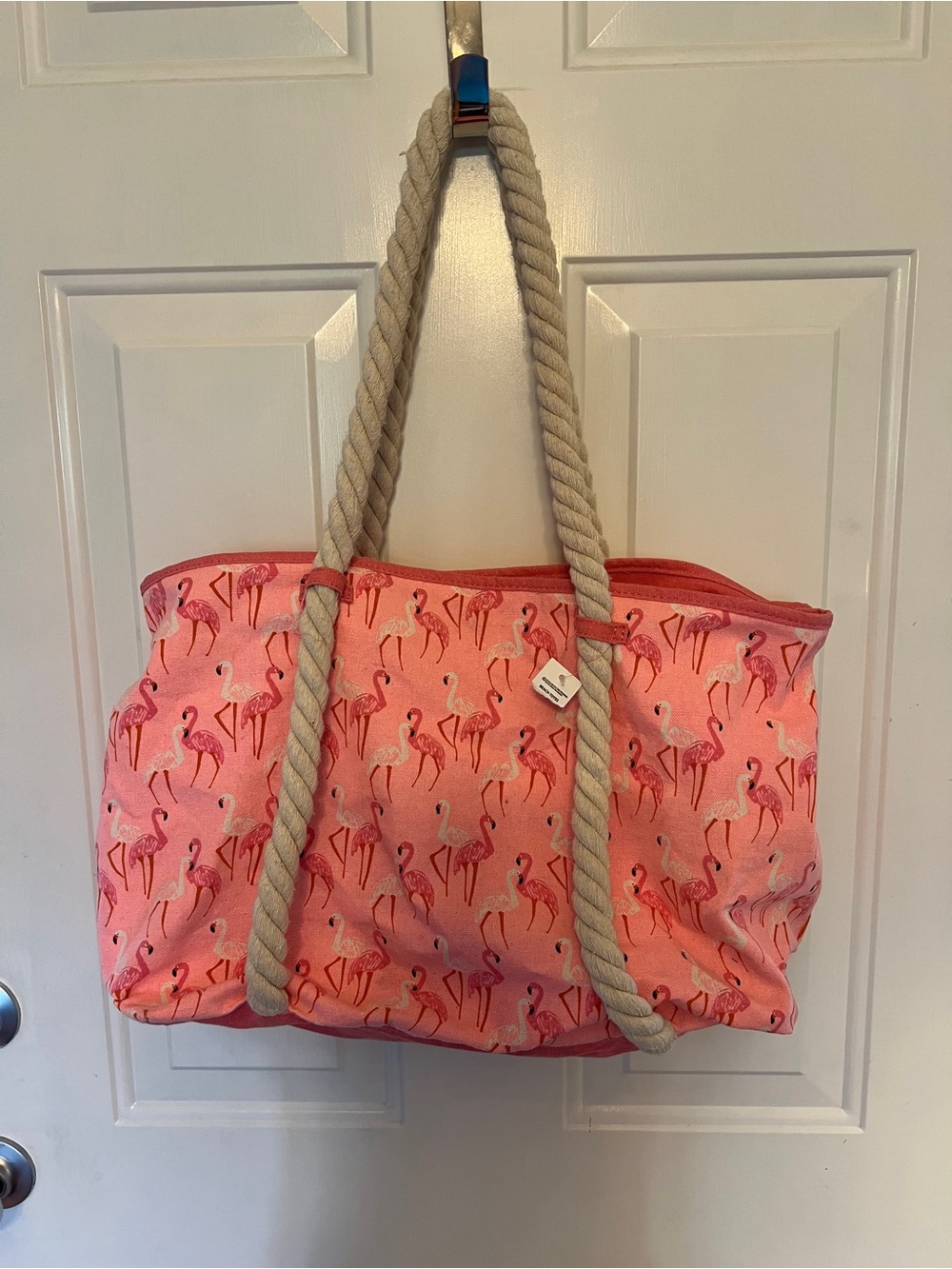 Pink Flamingo Print Beach Tote with Rope Handles